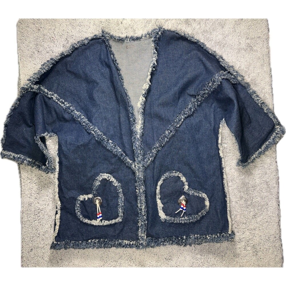 Vintage Boho Rag Denim Kimono Jacket Frayed Fringe‎ Heart Pockets Handmade Artsy